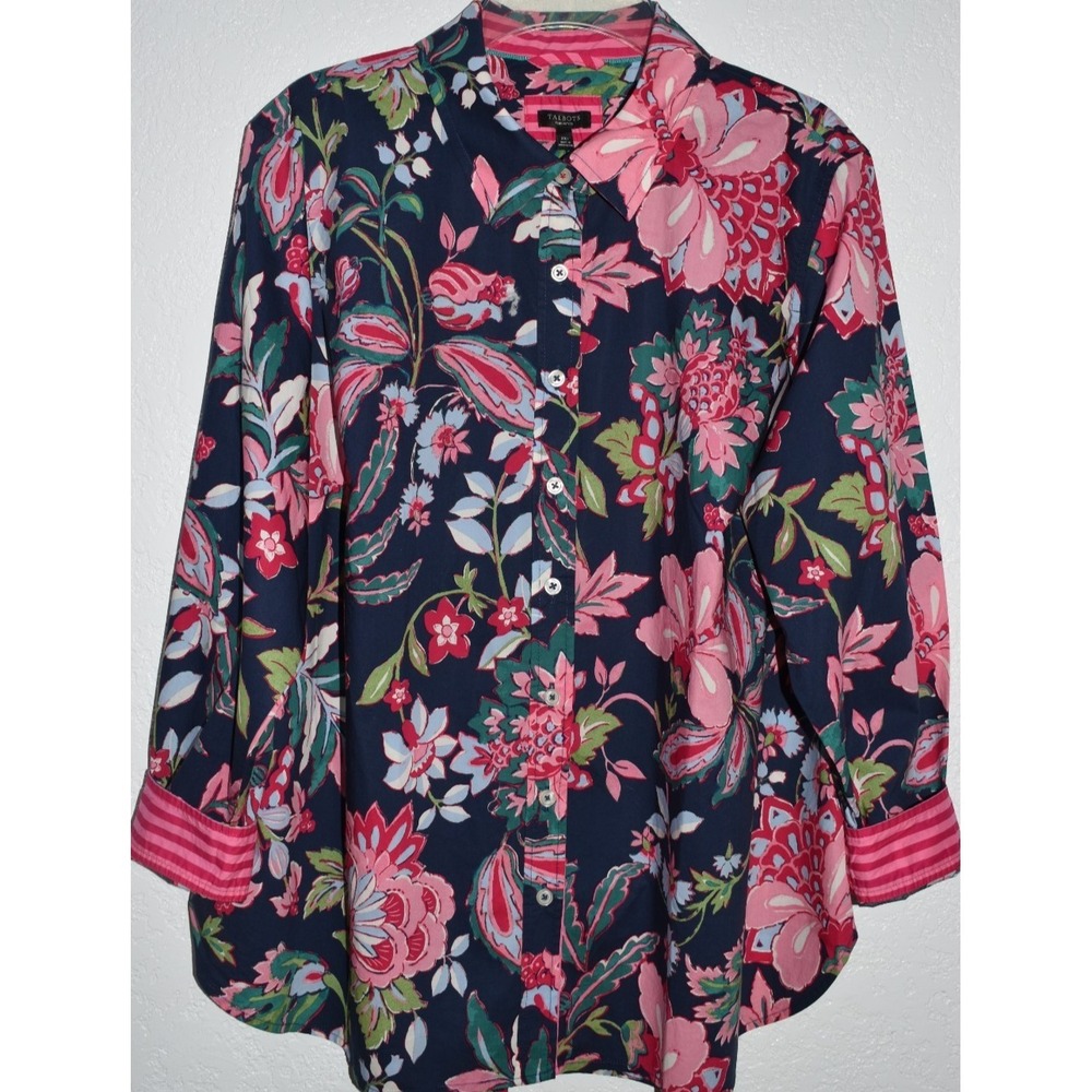 Talbots 2XP Floral Blouse Contrast Cuffs Long Slv Button Front Modern New w/Tags
